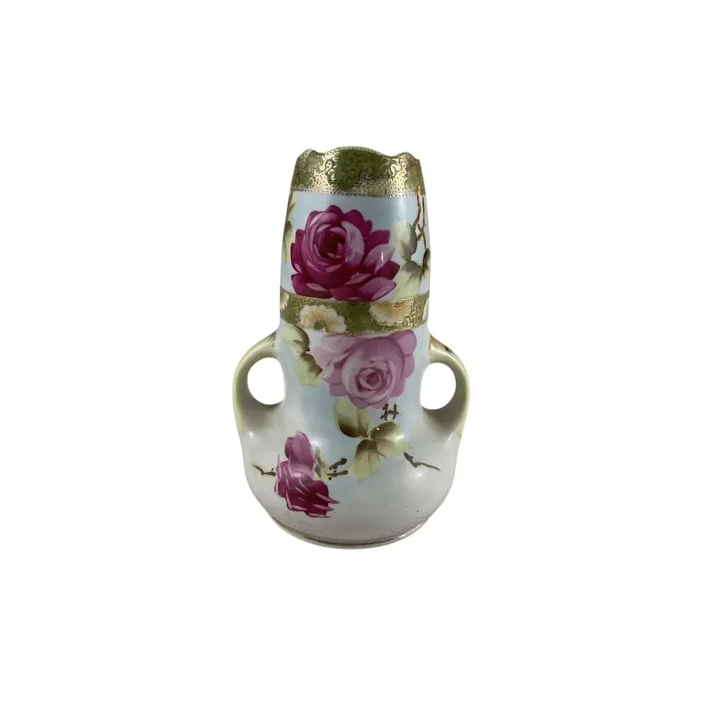 Nippon Vase Jug 2 Handled Hand Painted Pink Rose Green & Gold 8